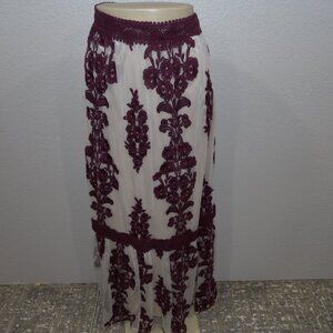 Altar'd State Women's Arissa Cream Lace Maroon Embroidery Maxi Skirt Size XXL